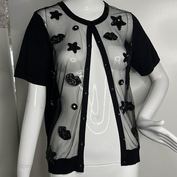 Leo & Ugo Size 3 Medium Sheer Front Beaded Patches Short Sleeve Cardigan - Picture 2 of 7